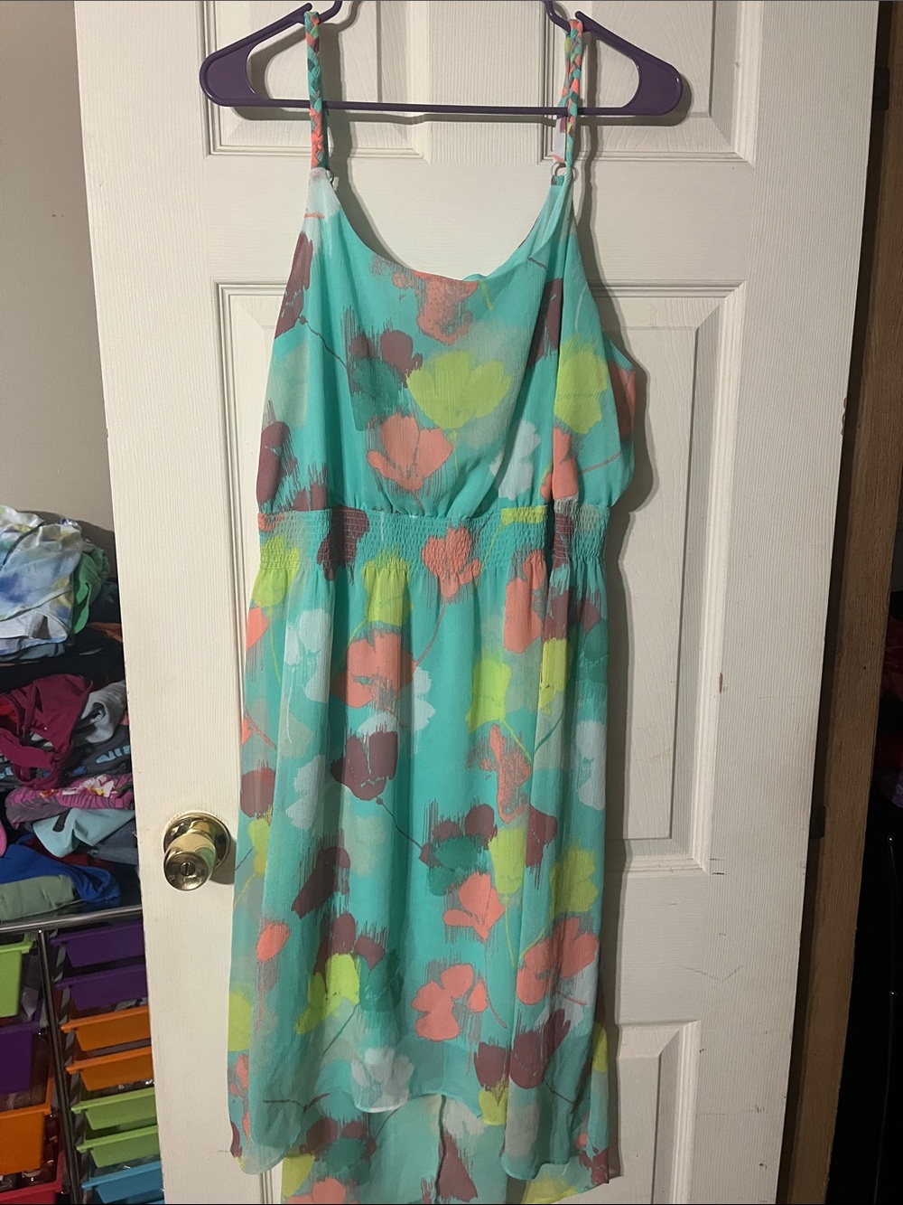 Floral Hi Lo Aqua Sundress with Smocked Waistband with braided adjustable straps